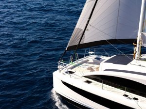 Aquila 45 Sail catamaran viewed from the bow under sail