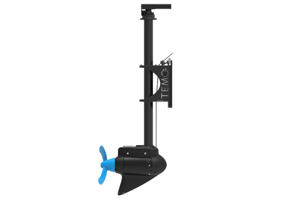 TEMO OUTPOD transom-mounted electric propulsion system with blue propeller