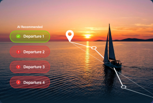 PredictWind AI Weather Router graphic showing a sailboat at sunset with four departure options and Departure 1 marked AI Recommended